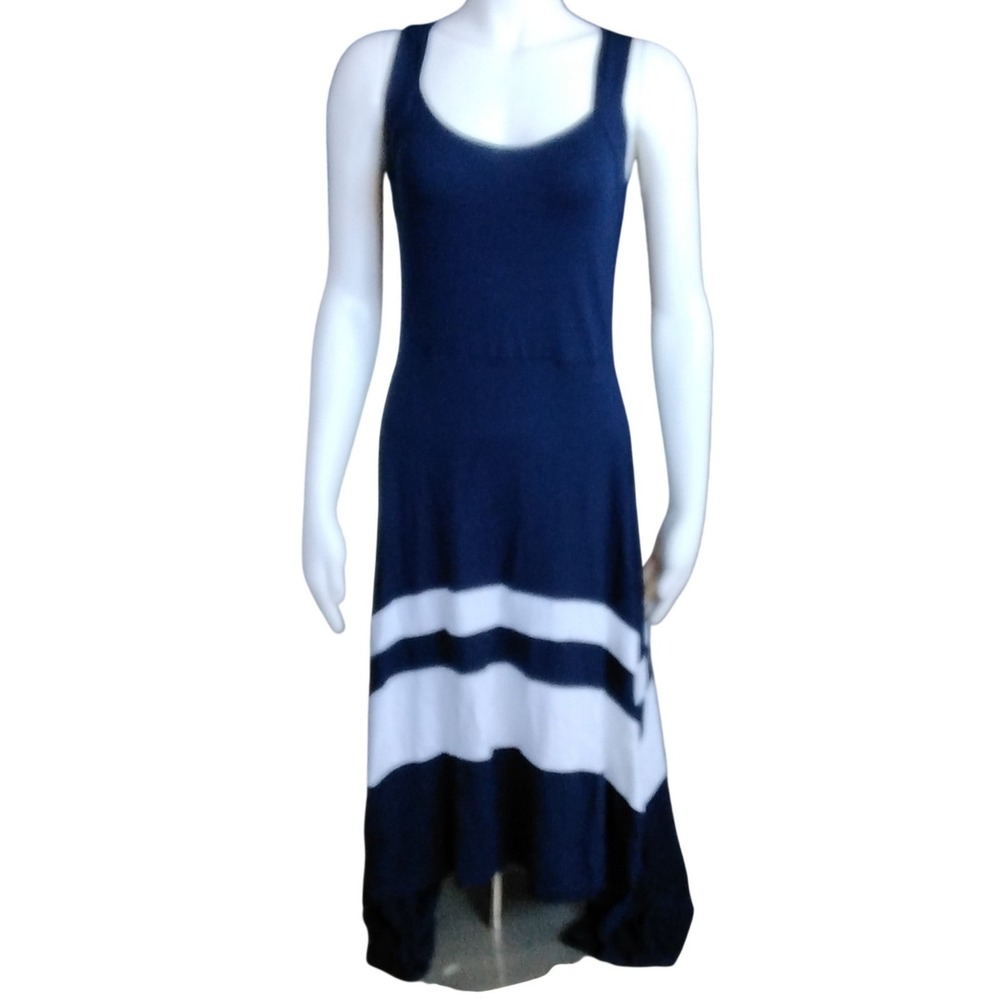 Venus Navy Blue White Striped Cross Back Handkerchief Hem Maxi Dress Womens XS